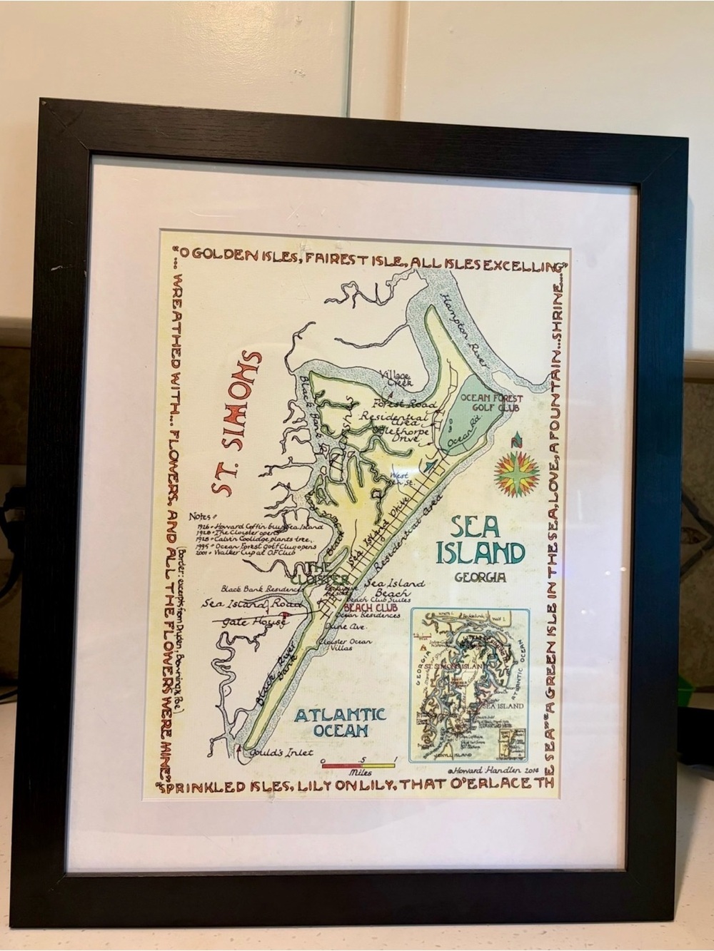 Sea Island St. Simons Illustrated Map Art Print - Framed